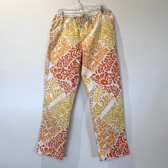 J McLaughlin Cotton Chino Straight Leg Pants medium White Orange Print Tie Waist - Picture 1 of 10